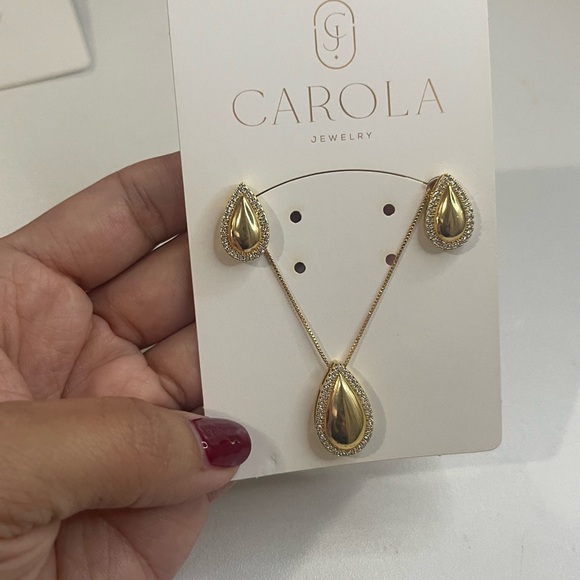 18k Gold Plated Zircon Teardrop Earrings & Pendant Jewelry Set Made in Brazil - Picture 2 of 3